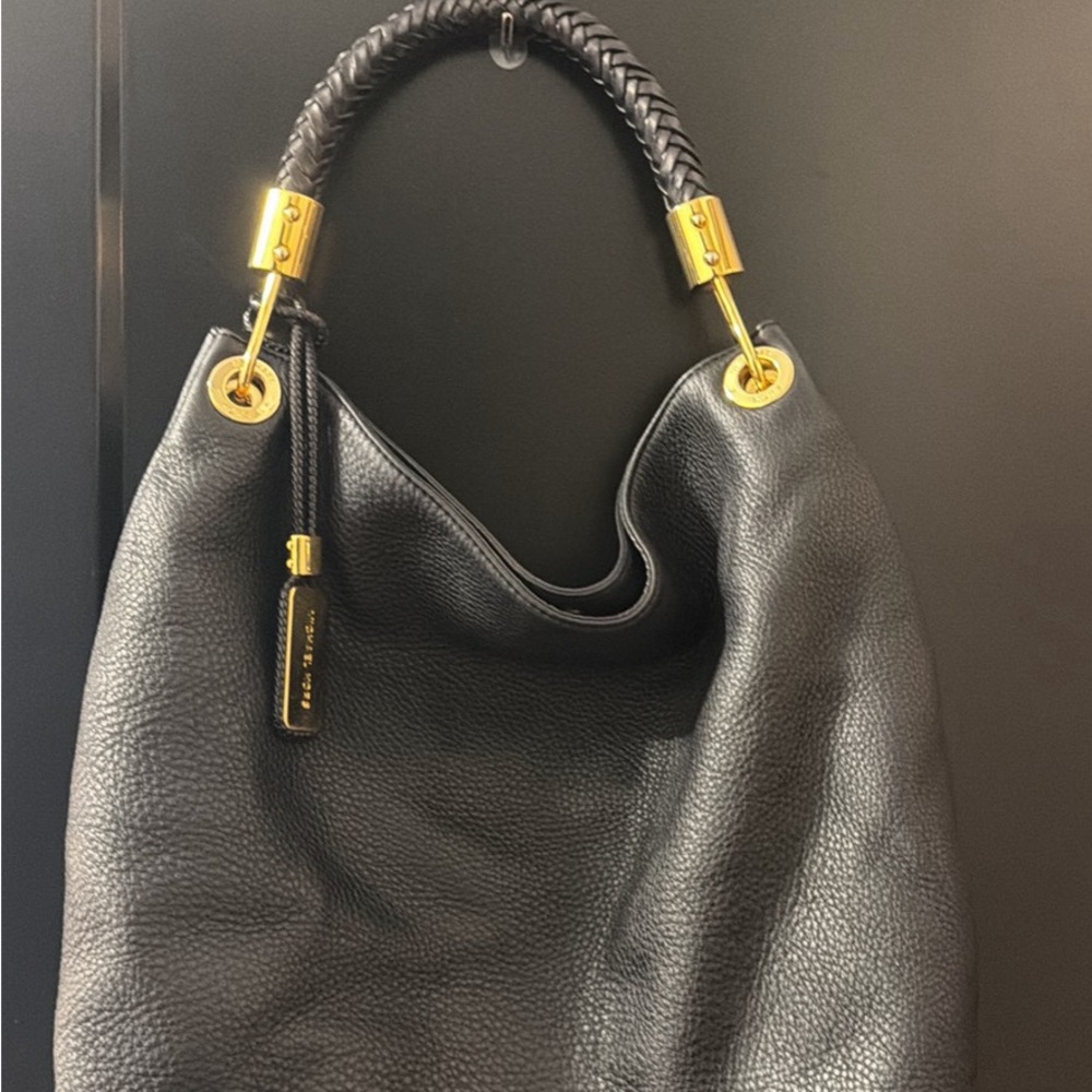 Black Leather Hobo Bag with Gold Hardware